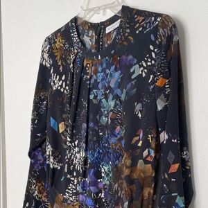 Megan Park Black Abstract-Print Long Sleeve Midi Dress 100% Silk size 2